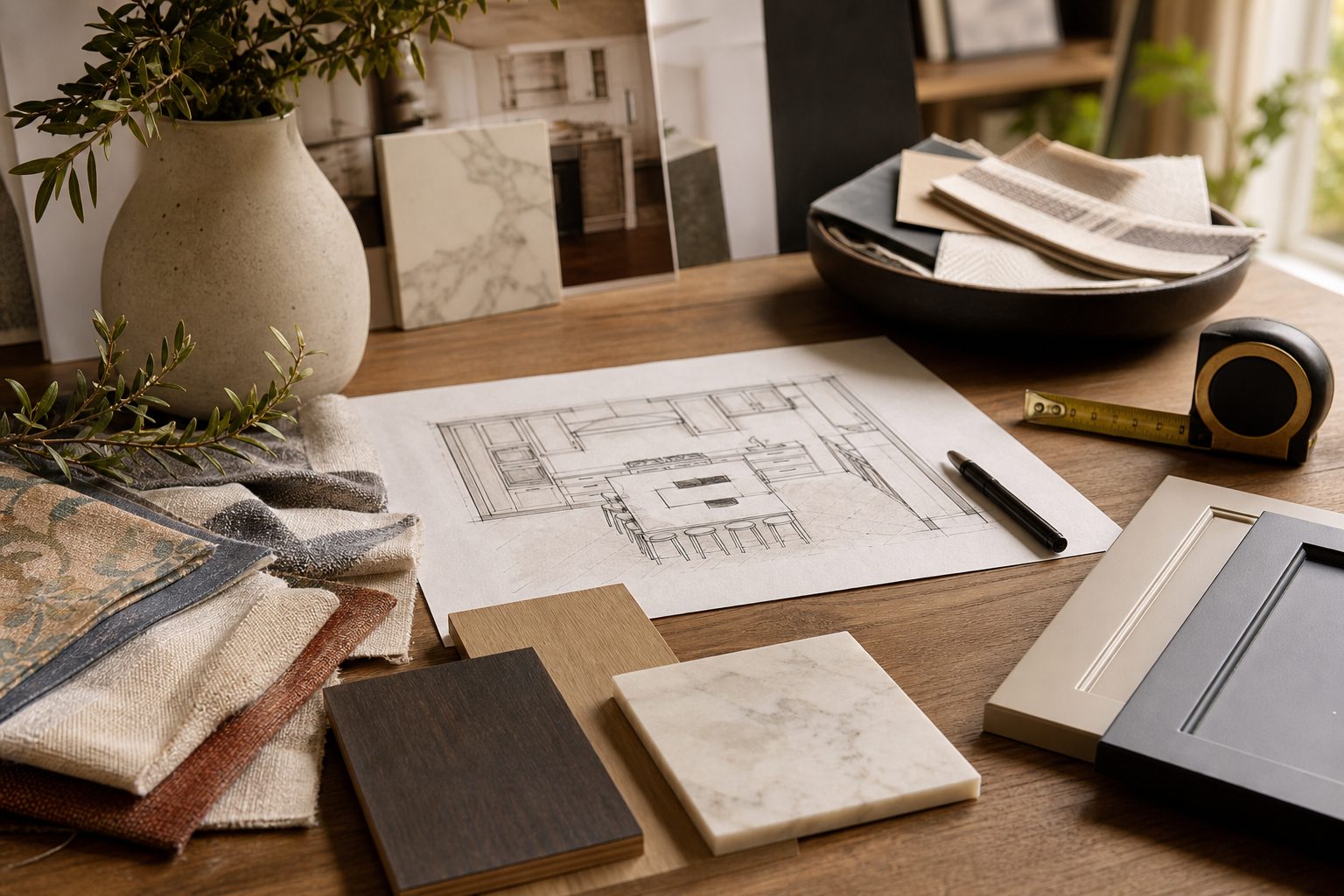 Concept still-life image of a designer's desk with fabric swatches, cabinet finish samples, a hand-drawn kitchen floor plan sketch, and a tape measure