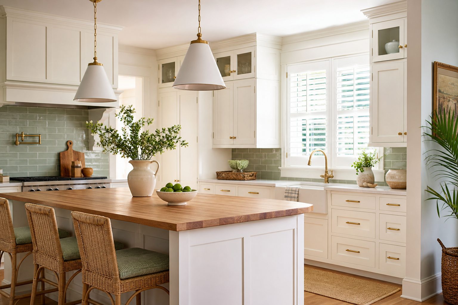 Concept image of a bright coastal Charleston kitchen with sage green tile backsplash, white shaker cabinets, and a wood-top island