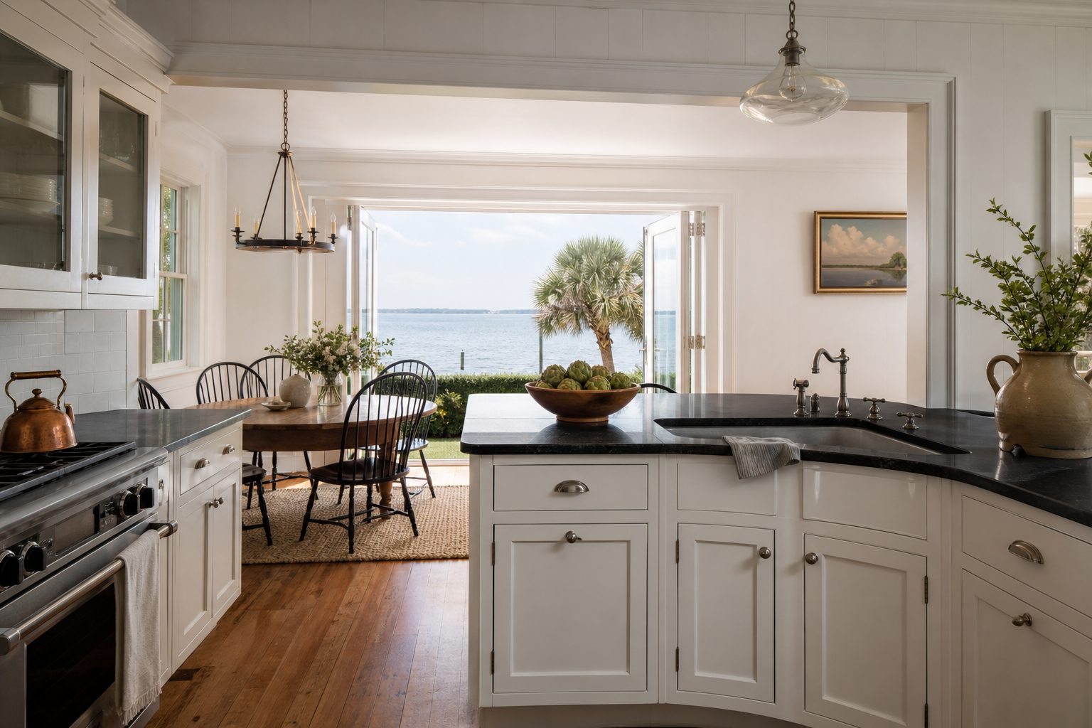 AI-generated concept image of a coastal Charleston kitchen opening onto a water view